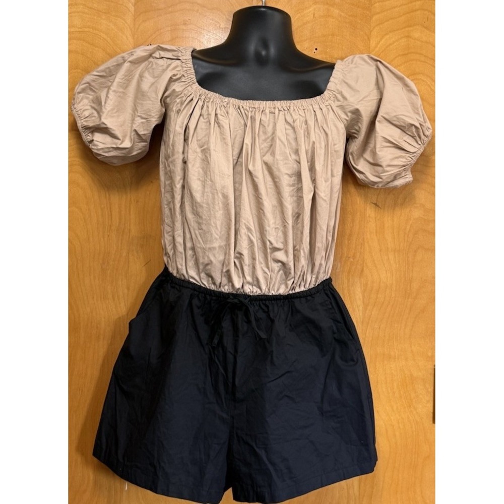 Lelis Collection Womens Two Tone Tie Waist Romper On Off Shoulder Beige Black M